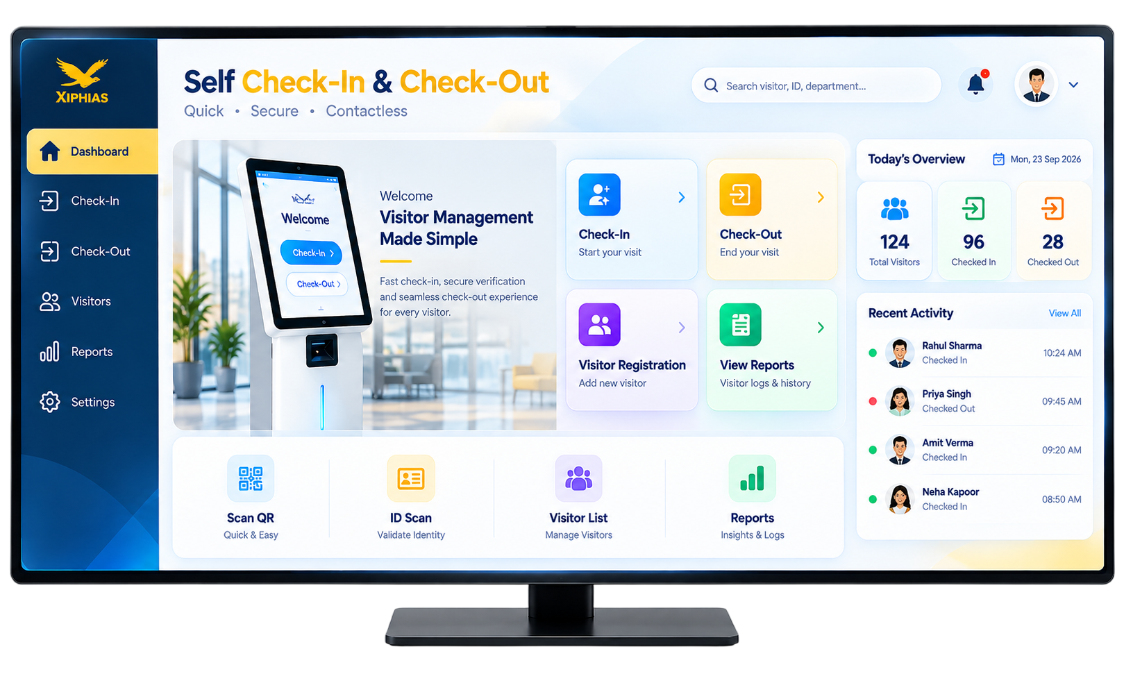 Staff managing self check-in and check-out kiosks from a single console.