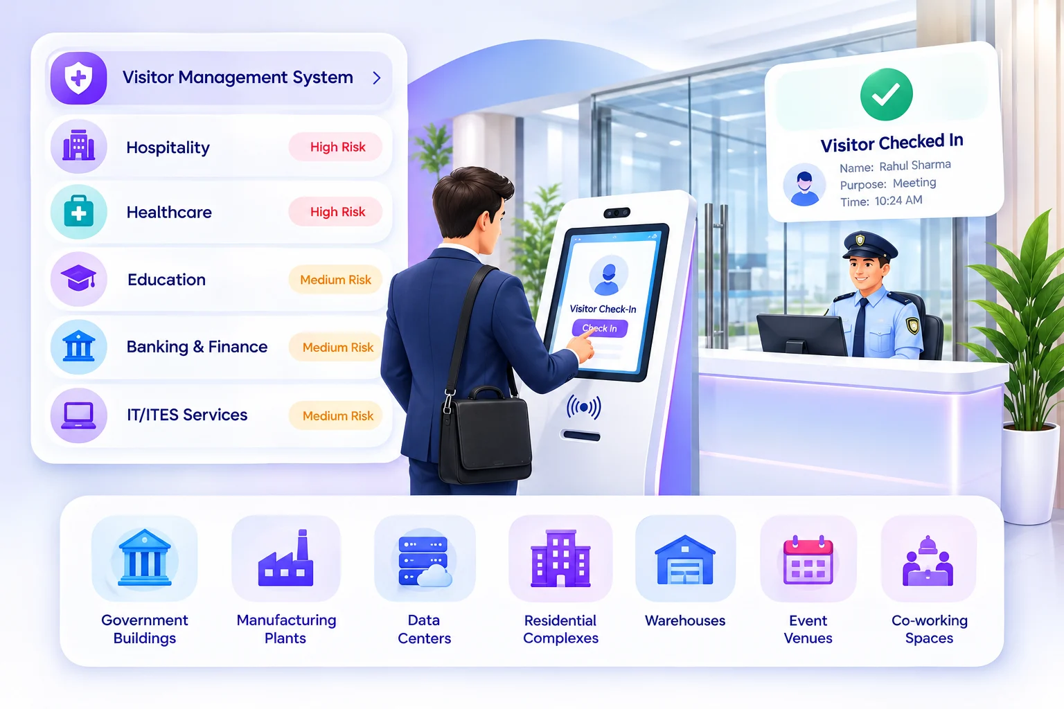 Visitor using a self-service kiosk to check in with visitor and vendor management software at an office reception.