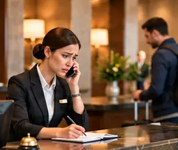 Hotel self check-in kiosk letting guests arrive without a front desk queue.