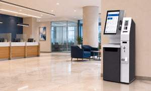 Xiphias Indoor Branch Banking kiosk with biometric access, designed for secure, guided banking transactions in branches and lobbies.