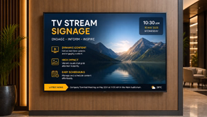 Digital signage with live TV streaming, IP camera integration, and encoder transcoder support for real-time public display.