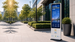 Weatherproof outdoor digital signage kiosk with high-brightness display for direct sunlight, continuous outdoor operation and public information display.