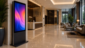 Indoor digital signage kiosk for malls, retail stores and office lobbies with a sleek design, high-resolution display and high-traffic visibility.