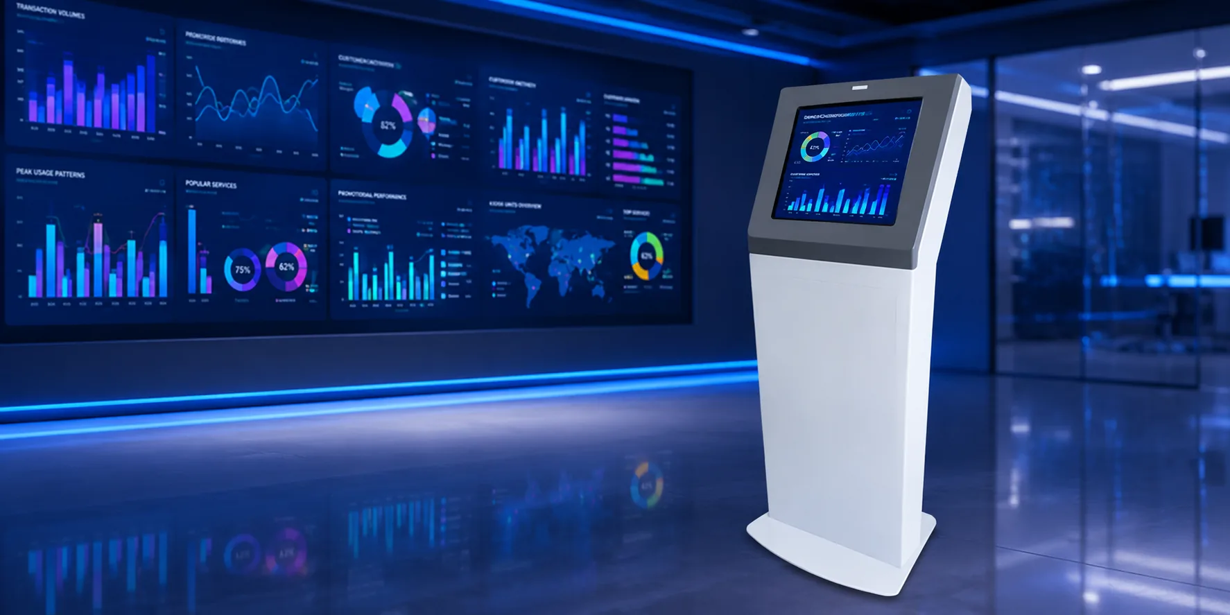 XIPHIAS AI customer analytics dashboard showing real-time transaction trends, usage patterns, popular services, and kiosk performance.