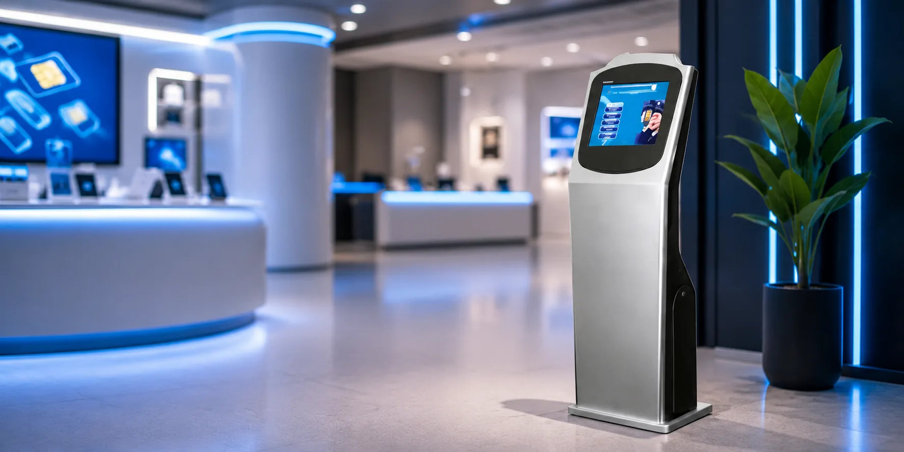 XIPHIAS SIM dispensing kiosk with automated eKYC verification, document scanning, and instant network activation without staff assistance.