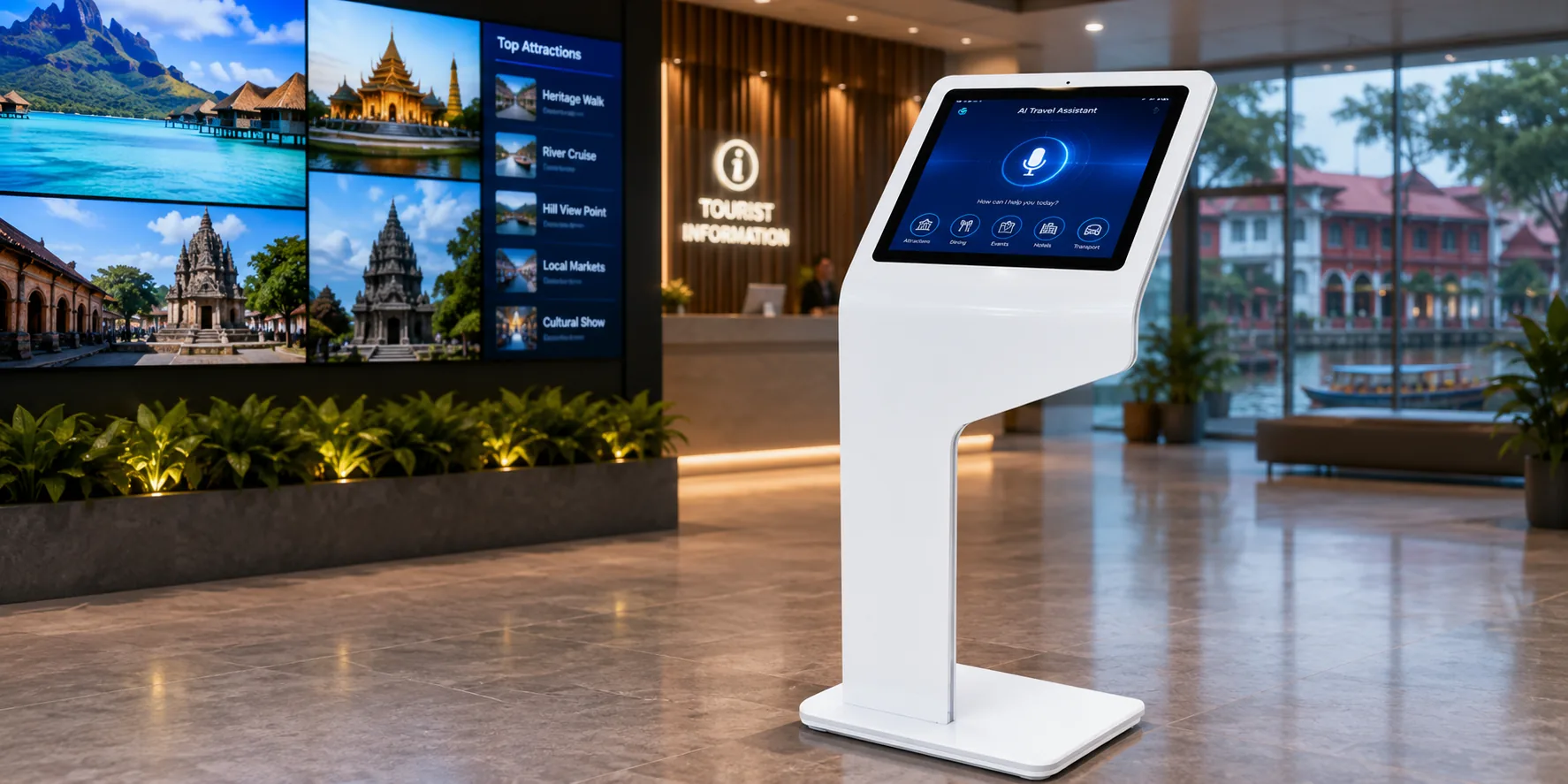 XIPHIAS AI tourist kiosk with voice and touch guidance, offering personalized attraction and dining recommendations.