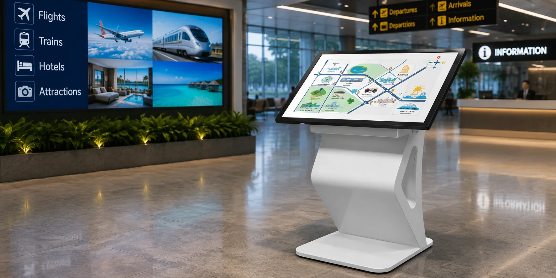 XIPHIAS tourism kiosk enabling instant booking of flights, trains, hotels, and attractions with secure payments.