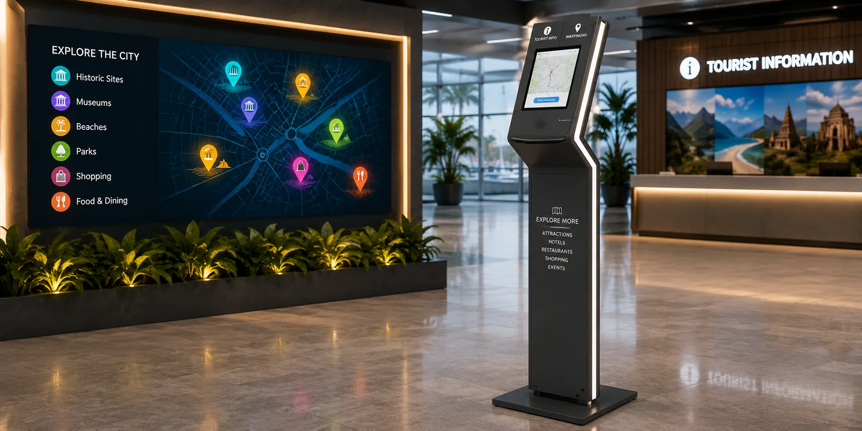 XIPHIAS interactive wayfinding kiosk with digital maps and route guidance for easy tourist navigation.