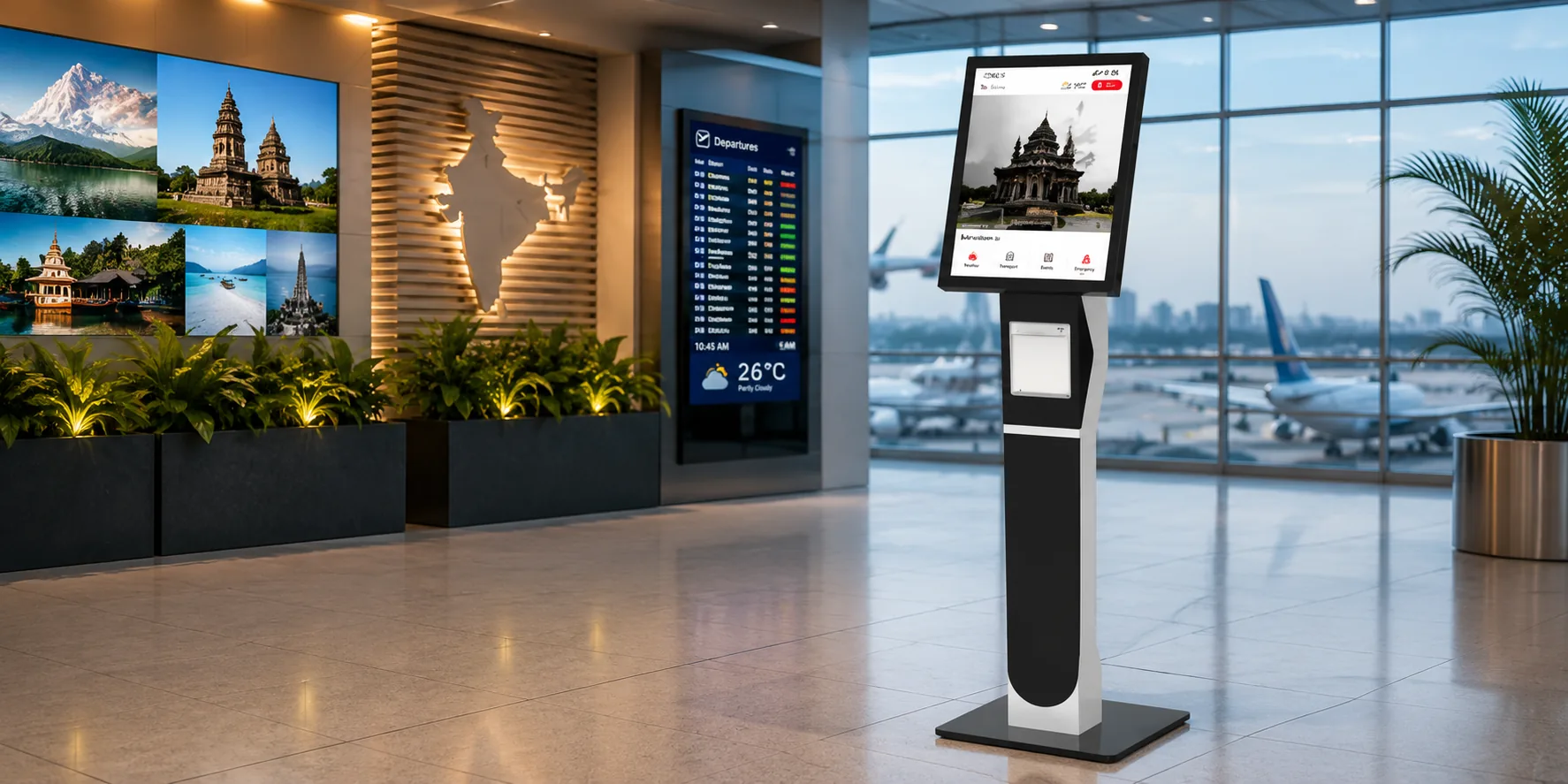 XIPHIAS tourism kiosk displaying real-time weather, transport updates, and event alerts for travelers.