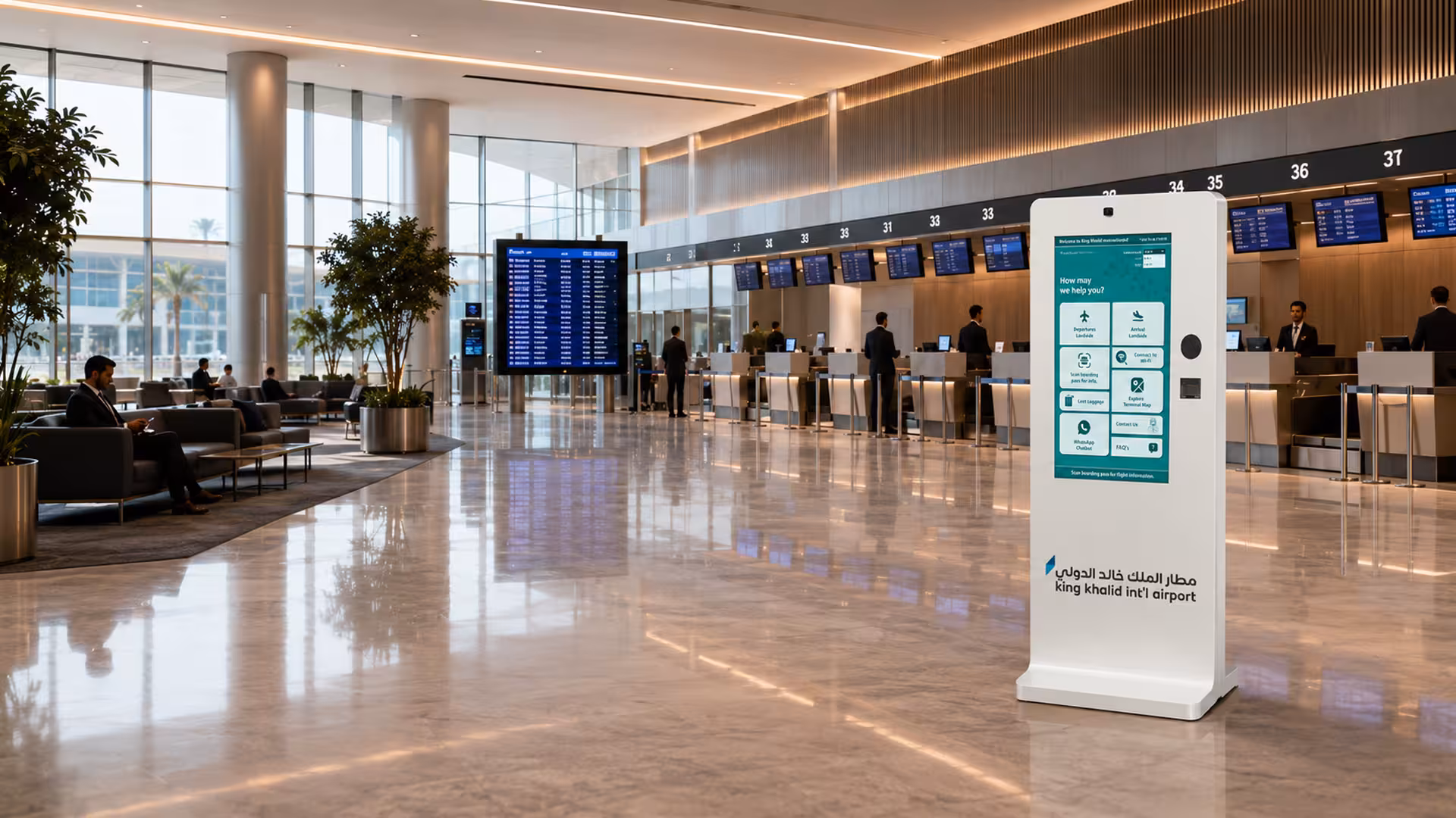 Interactive AI kiosk with a touchscreen interface for customer assistance and information.