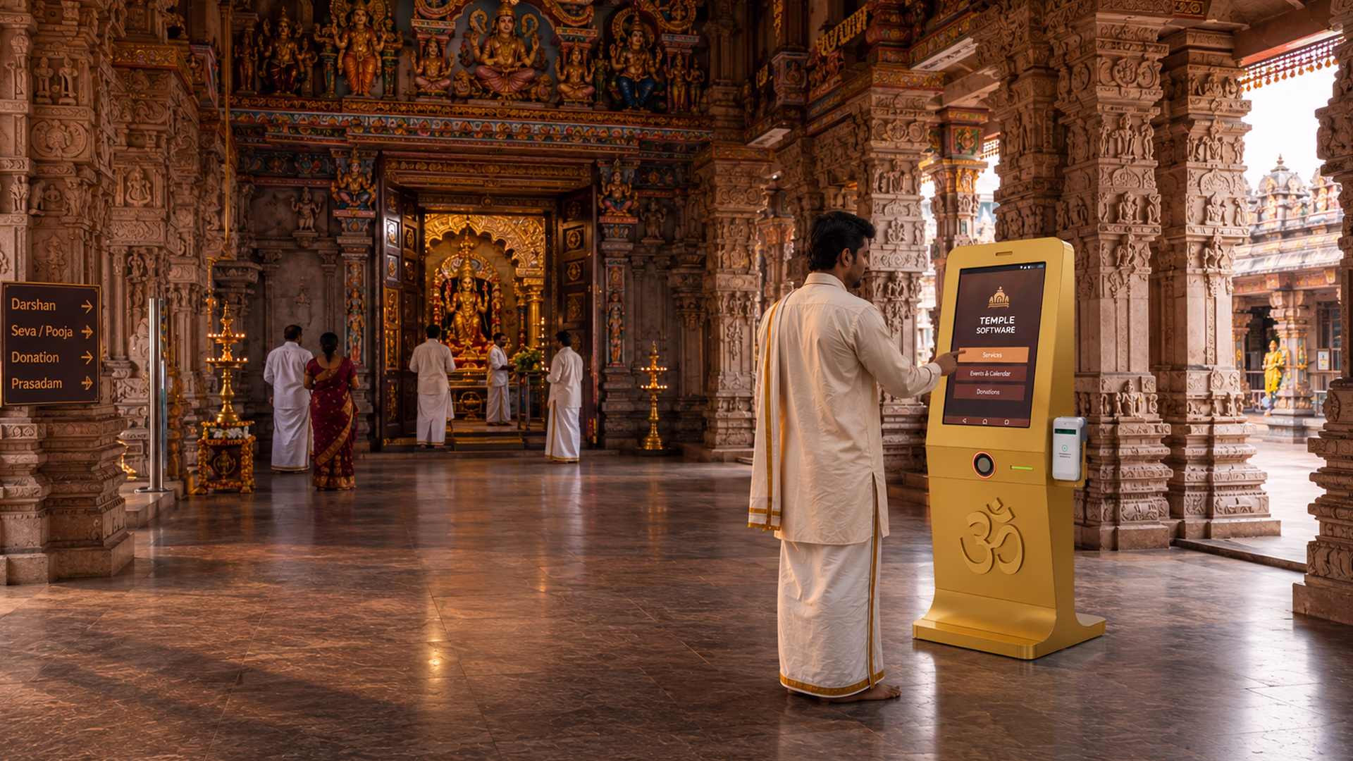 Temple automation kiosk enabling self-service donations and seva booking.