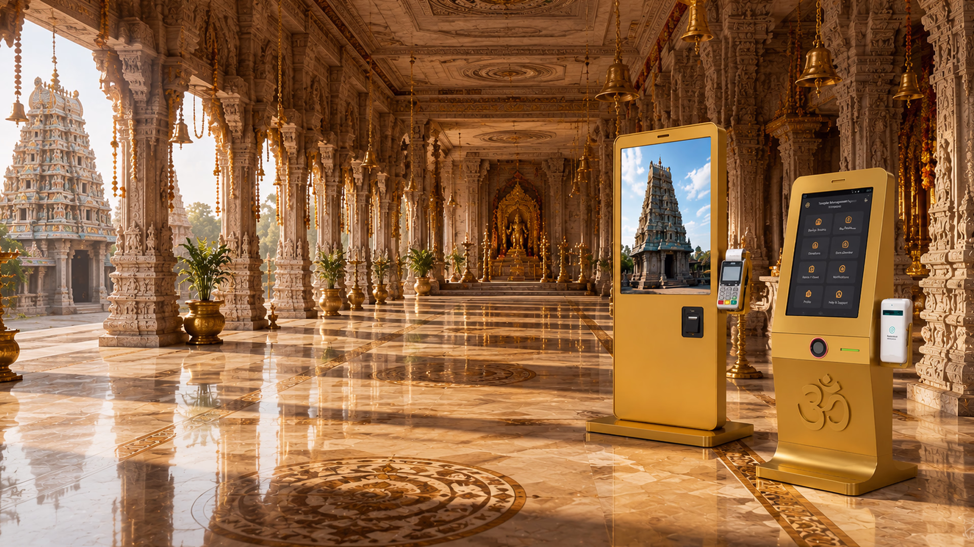 Digital Seva Temple Kiosk for devotee donations, seva booking and darshan information.