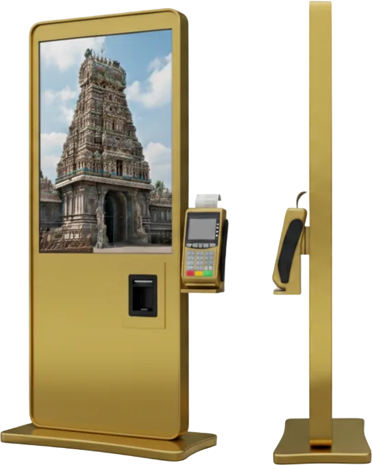 Digital Seva temple kiosk with touchscreen for temple services, donations, and visitor information.
