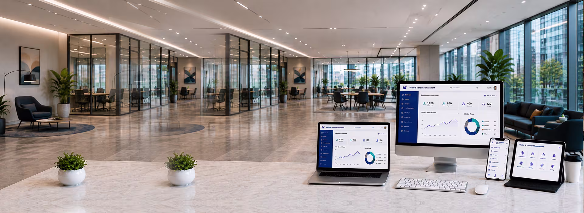 Visitor using a self-service kiosk to check in with visitor and vendor management software at an office reception.