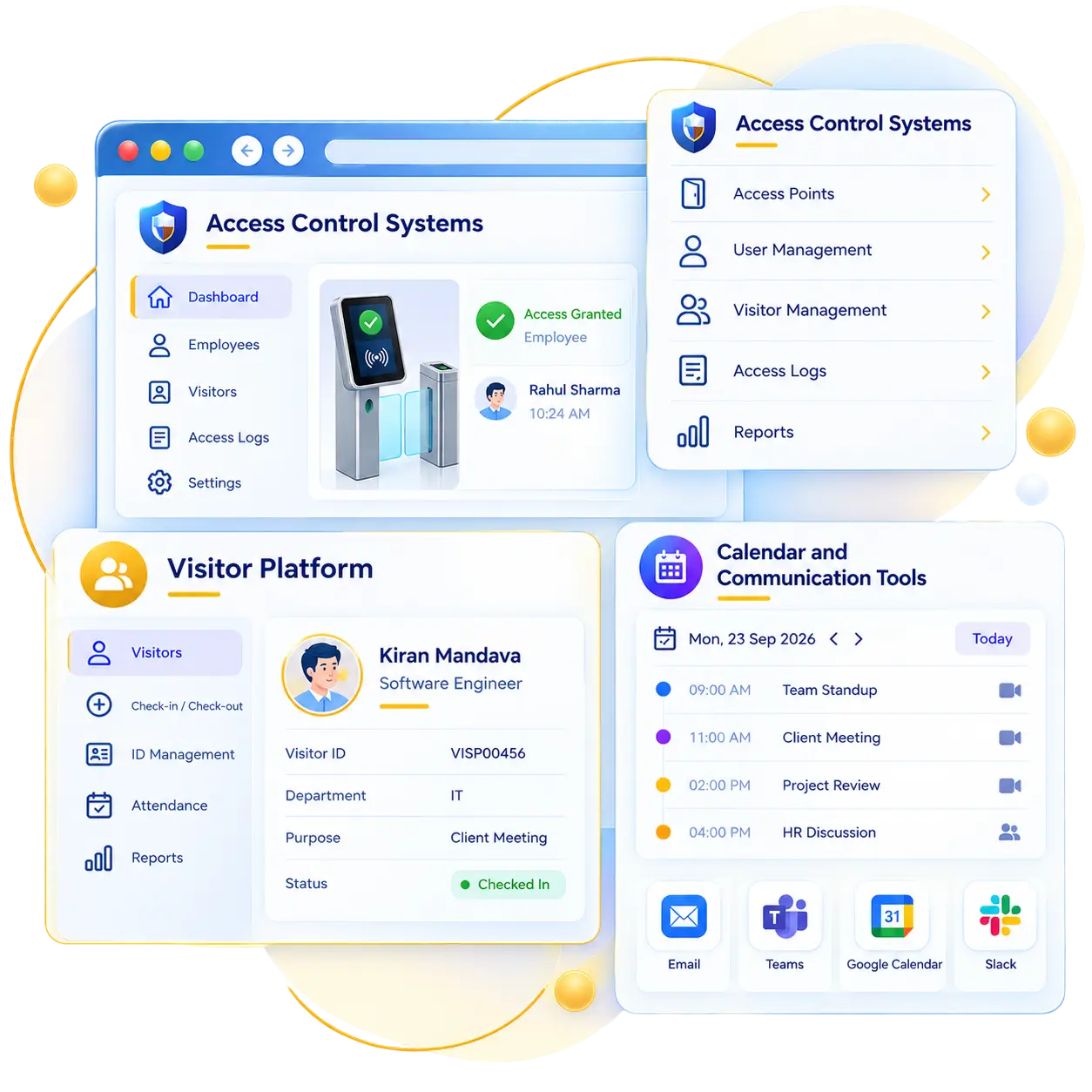 Visitor management dashboard highlighting real-time visitor tracking, access control, registration and analytics.