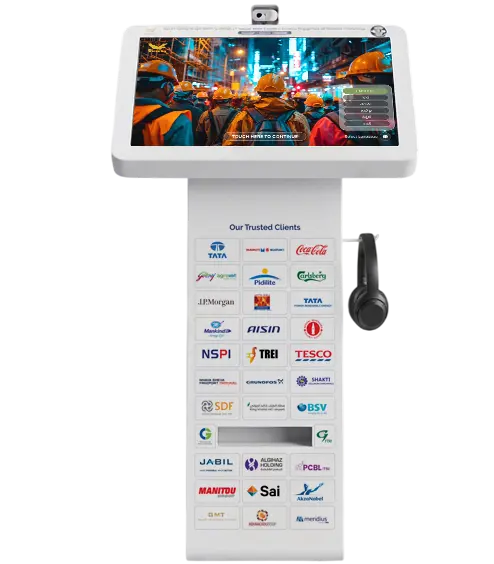 AI-powered Safety Training Kiosk for fast EHS and HSSE employee induction in industrial workplaces.