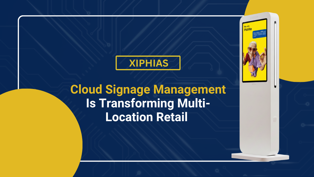 Cloud signage management dashboard controlling digital displays across multiple retail store locations